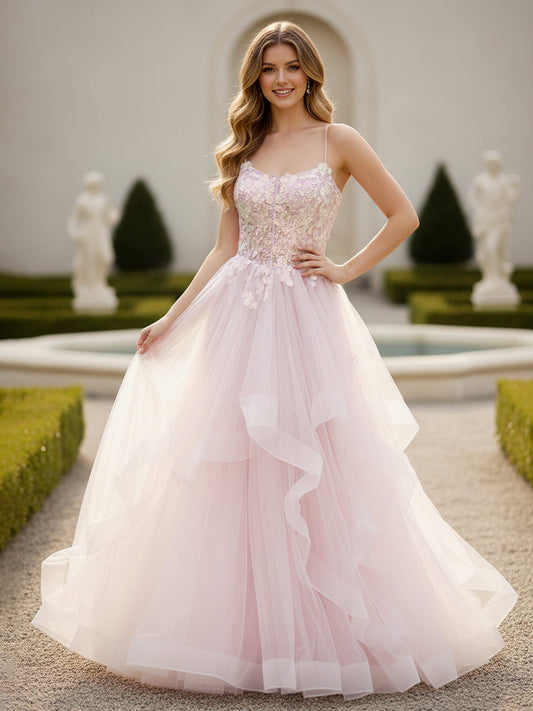 Spaghetti Straps Applique Bodice Tulle Long Dress Blushing Pink