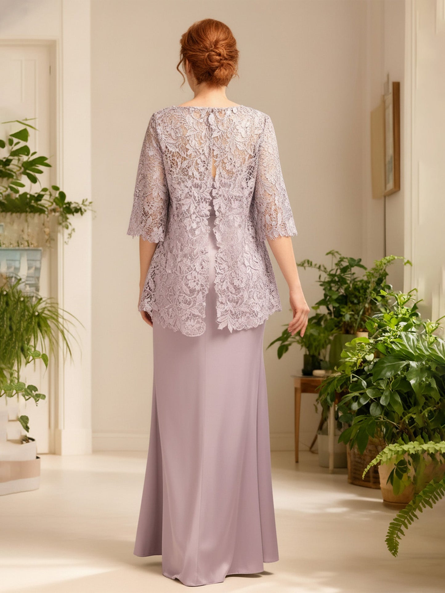 Bateau Neck Sheath Long Dress With Lace Jacket Dusk