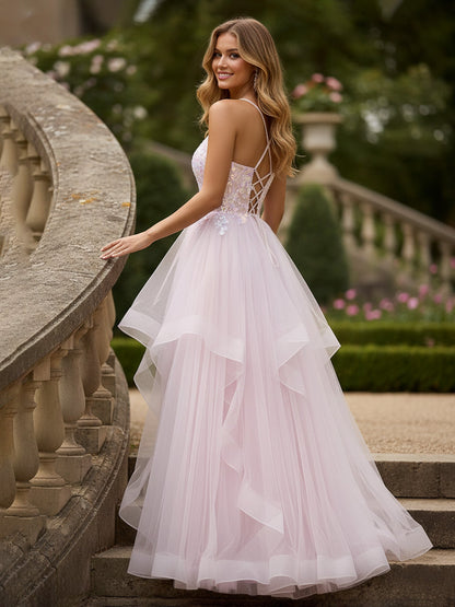 Spaghetti Straps Applique Bodice Tulle Long Dress Blushing Pink