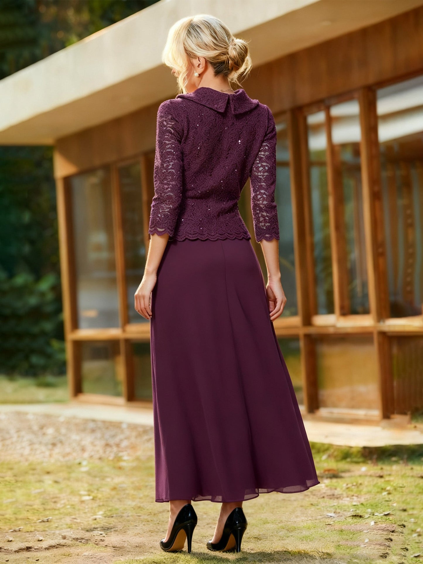 Lace Sequins 3/4 Sleeves Chiffon A-Line Long Dress Cabernet