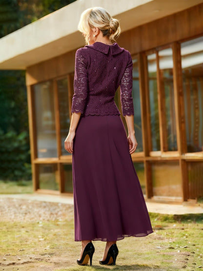 Lace Sequins 3/4 Sleeves Chiffon A-Line Long Dress Cabernet