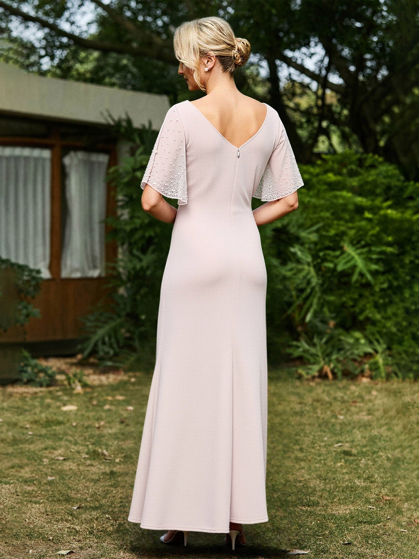 Beaded Flutter Sleeves Bateau Long Dress With Slit Blushing Pink