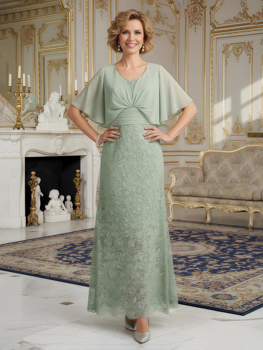 Sheath Flutter Sleeves Lace Floor-length Dress Dusty Sage