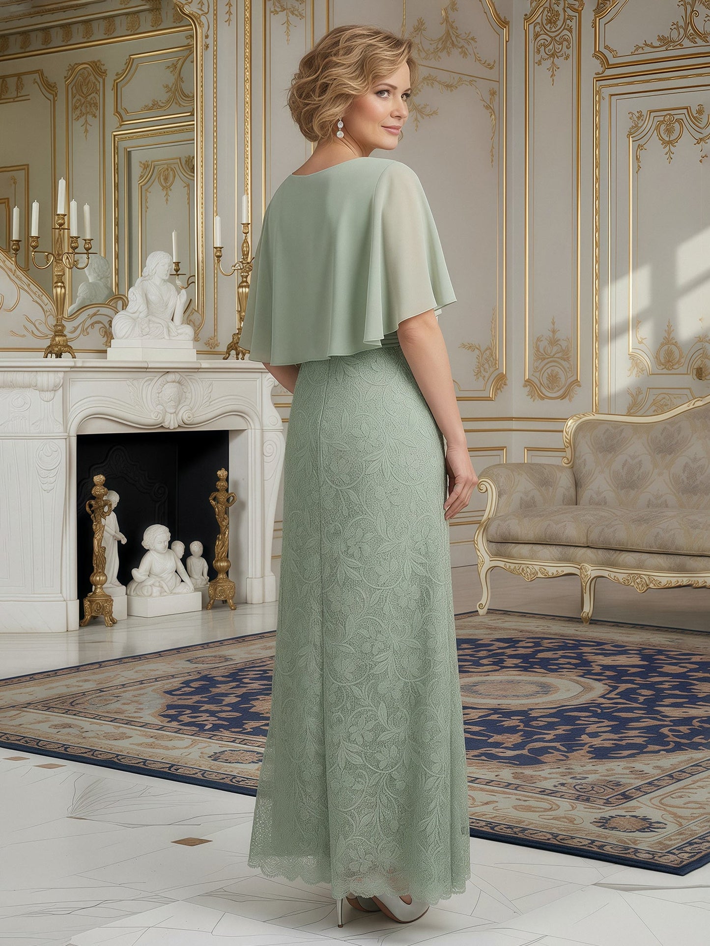 Sheath Flutter Sleeves Lace Floor-length Dress Dusty Sage