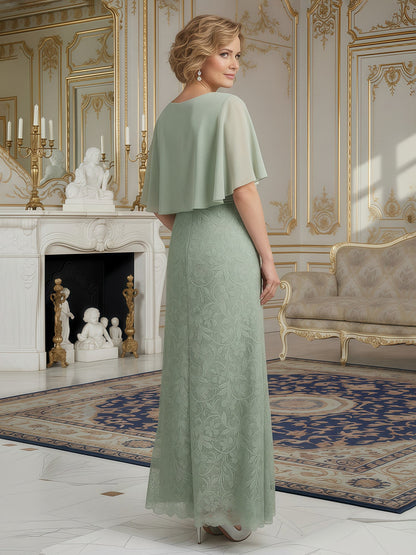 Sheath Flutter Sleeves Lace Floor-length Dress Dusty Sage