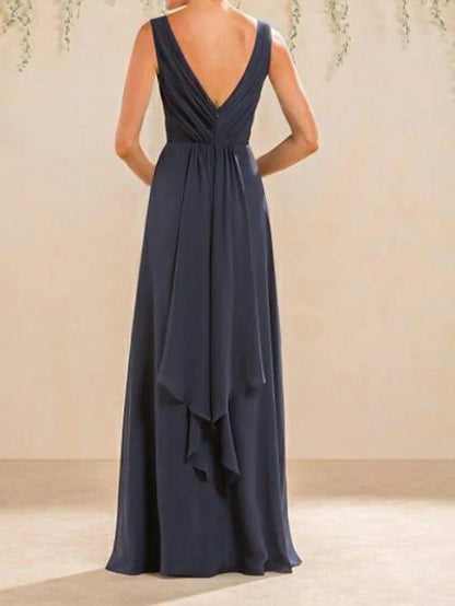 A-Line V Neck Floor Length Chiffon Bridesmaid Dress with Pleats / Split Front / Open Back - RongMoon