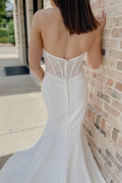 White Strapless Mermaid Long Wedding Dress with Buttons