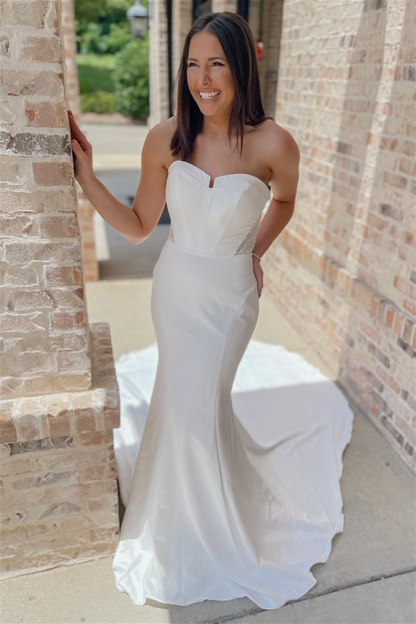 White Strapless Mermaid Long Wedding Dress with Buttons