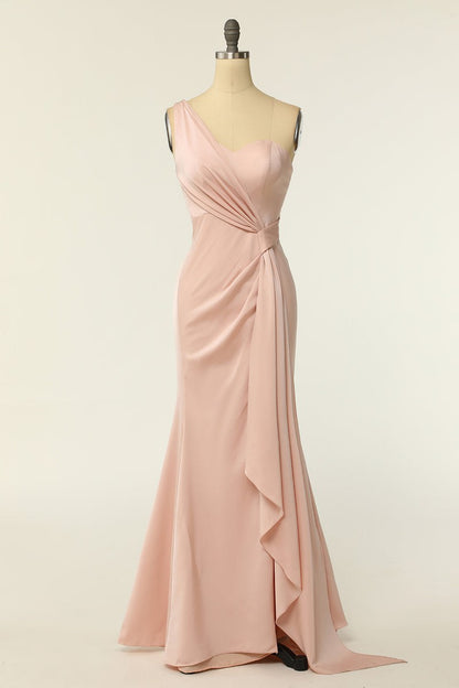 Blush Chiffon One-Shoulder Sheath Long Bridesmaid Dress