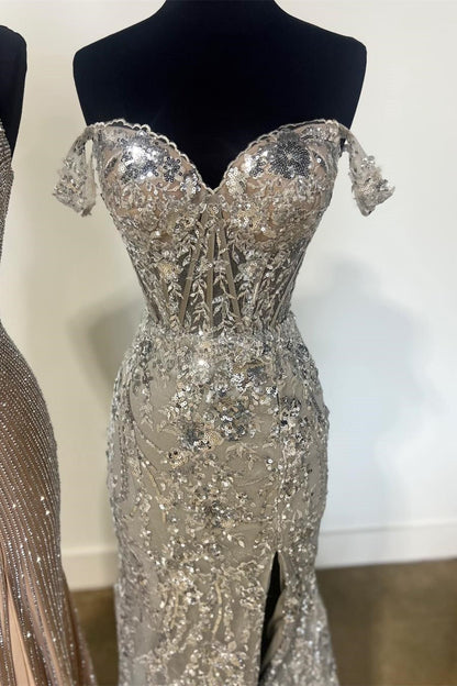 Off-the-Shoulder Sequin Lace Mermaid Long Dress with High Slit