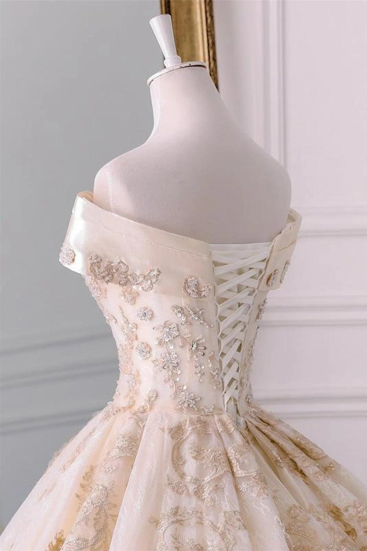 Champagne Embroidered Off-the-Shoulder Wedding Dress
