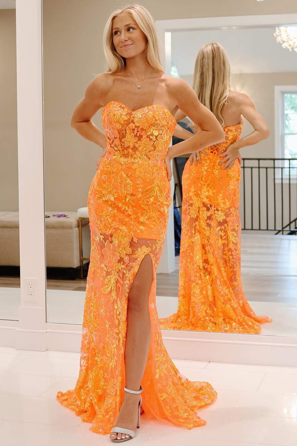 Orange Off-the-Shoulder Sequin Applique Mermaid Long Dress with Slit