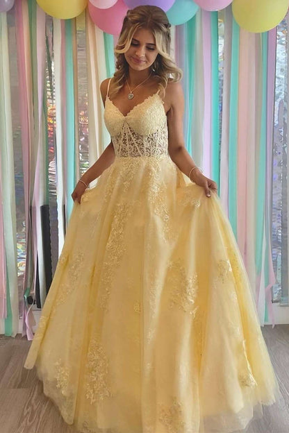 Princess Yellow V-Neck Lace-Up Back Long Prom Dress