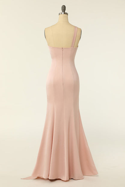 Blush Chiffon One-Shoulder Sheath Long Bridesmaid Dress