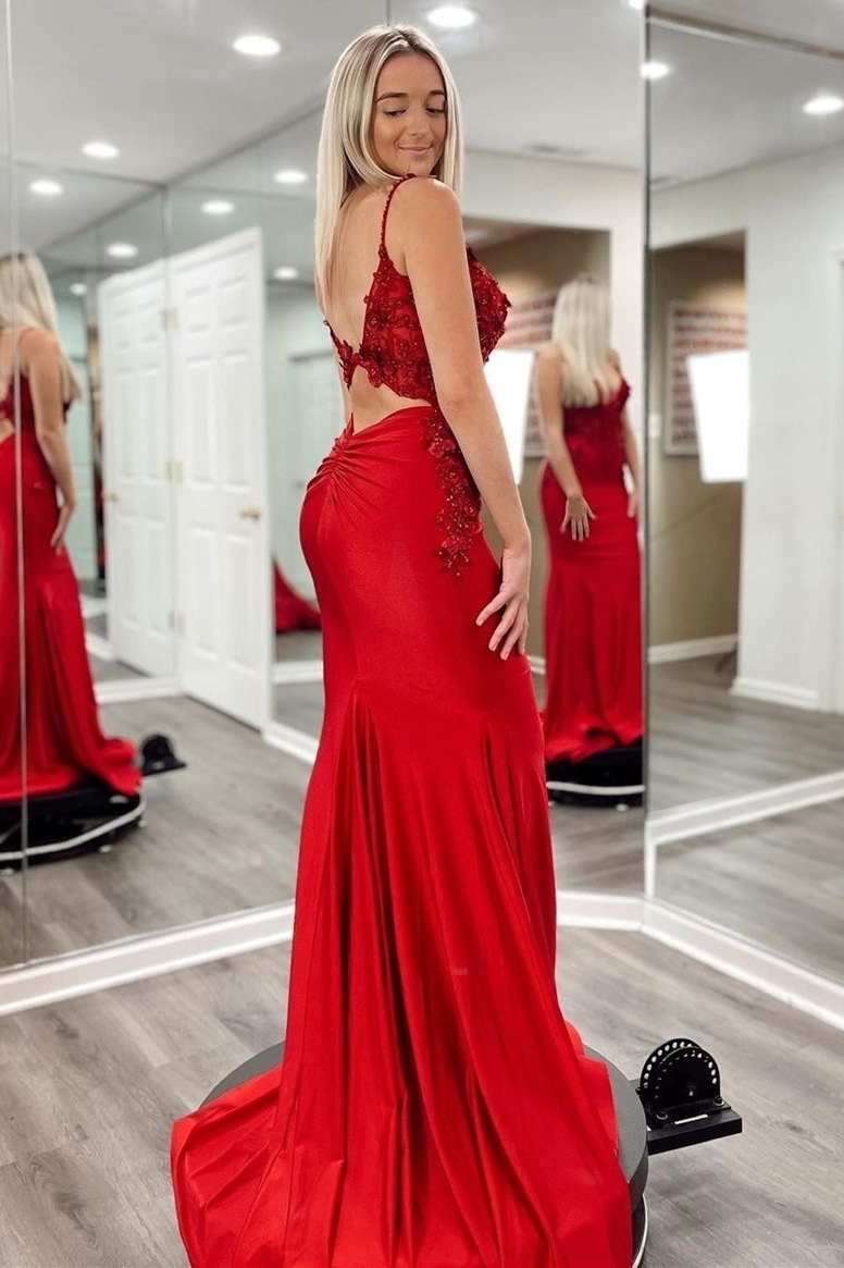 Light Blue 3D Floral Lace V-Neck Backless Trumpet Prom Dress