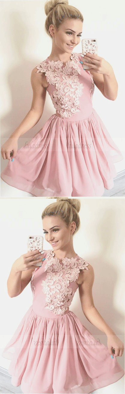 A-Line Crew Above-Knee Blush Organza Homecoming Dress with Appliques