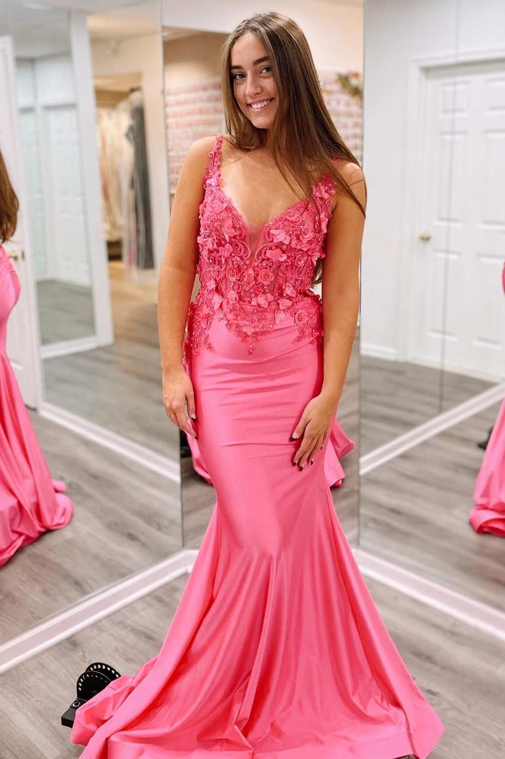 Light Blue 3D Floral Lace V-Neck Backless Trumpet Prom Dress