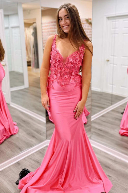 Light Blue 3D Floral Lace V-Neck Backless Trumpet Prom Dress