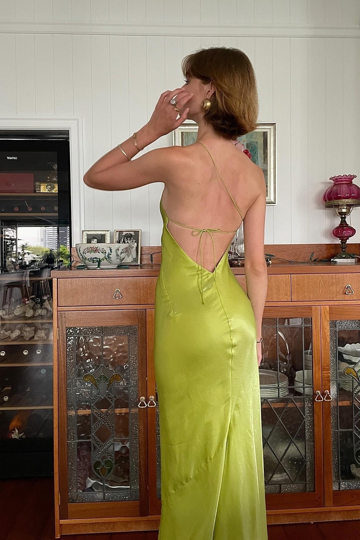 Sheath One Shoulder Light Green Long Party Dresses