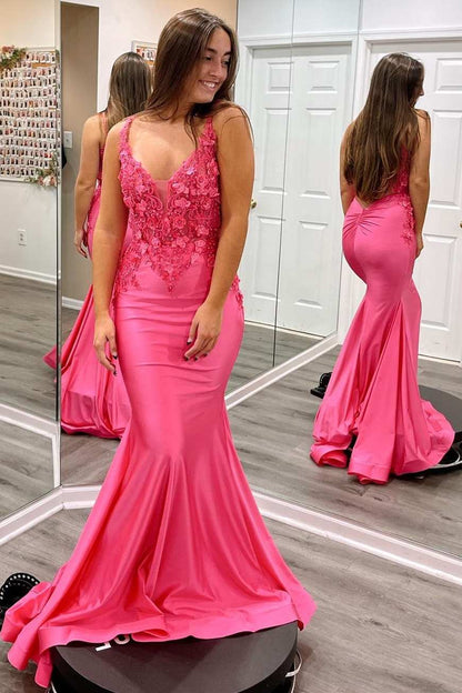 Light Blue 3D Floral Lace V-Neck Backless Trumpet Prom Dress