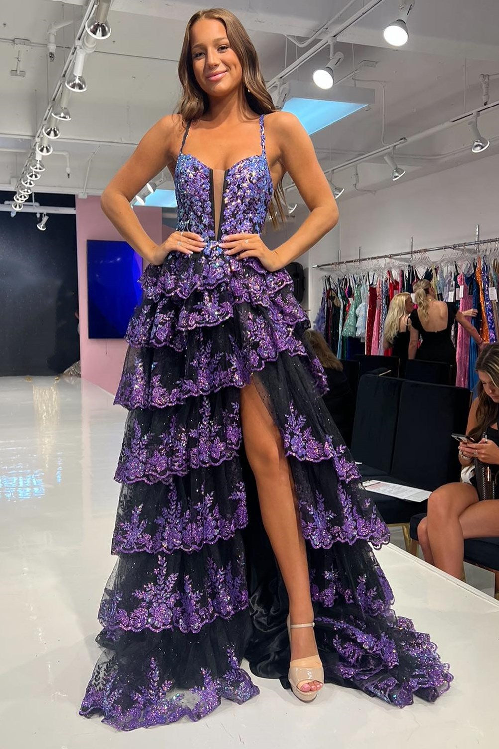 Purple Sequin Lace Scoop Neck Ruffle Tiered Long Dress with Slit