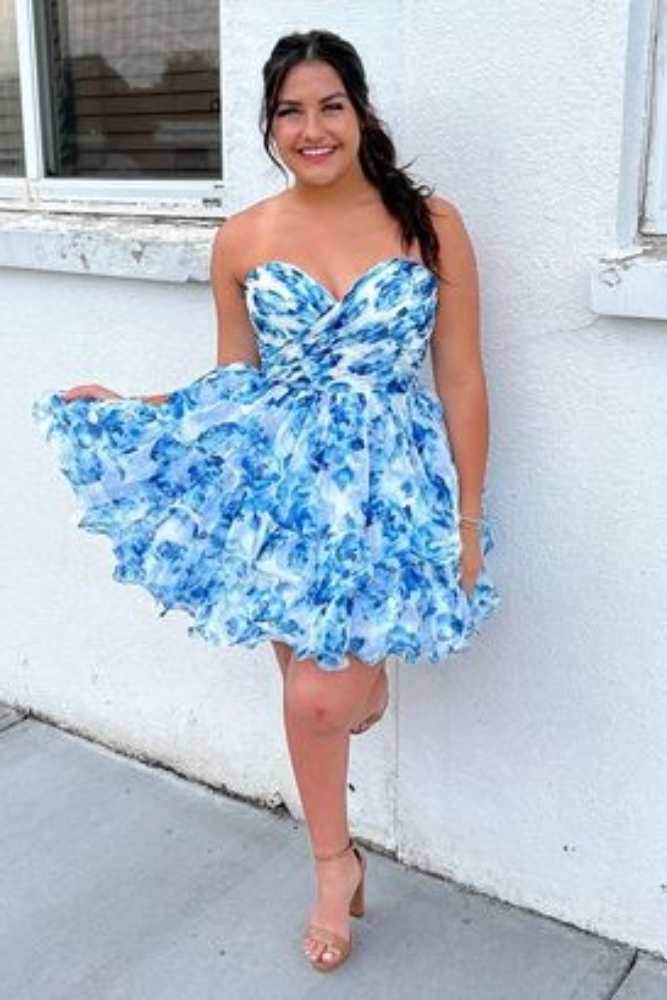 Blue Print Sweetheart Ruffle Homecoming Dress