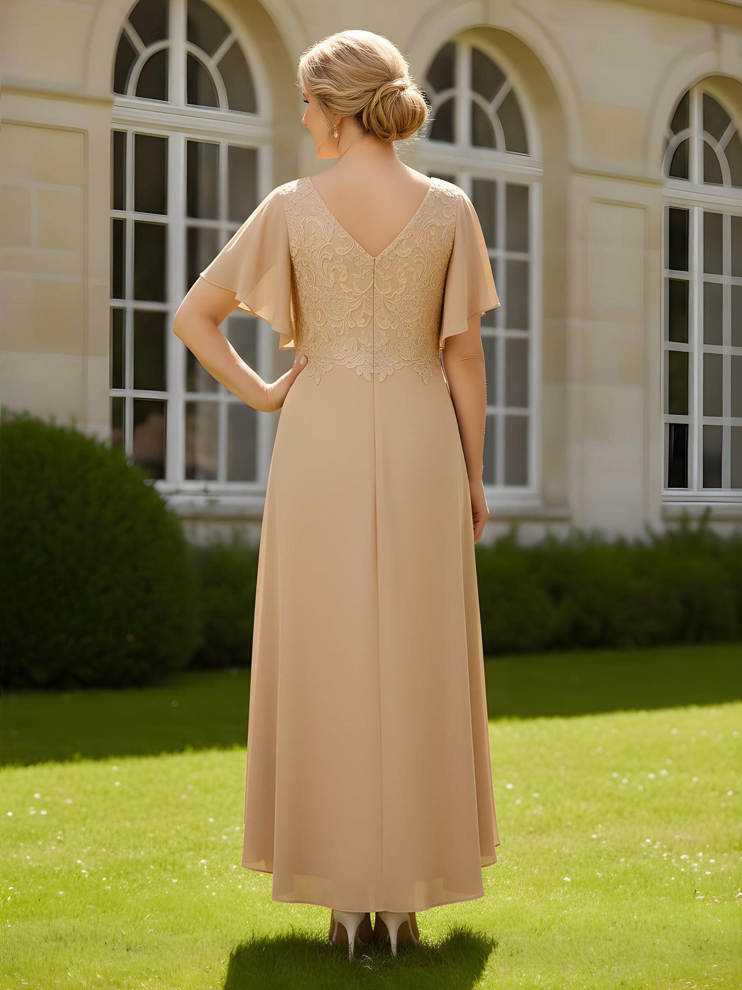 V-neck Flutter Sleeves Chiffon Lace Ruffles Dress Gold