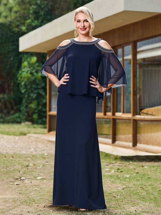 Jewel-Trimmed Neckline Cold Shoulder Overlay Maxi Dress Dark Navy