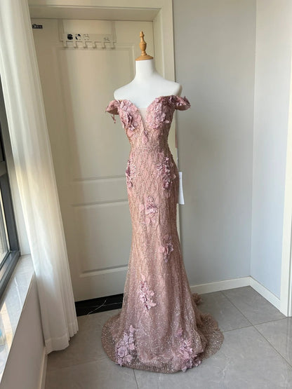 Elegant Pink Mermaid Off-shoulder 3D Floral Sequined Prom Dress Evening Dress cc5350