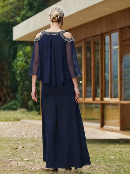 Jewel-Trimmed Neckline Cold Shoulder Overlay Maxi Dress Dark Navy