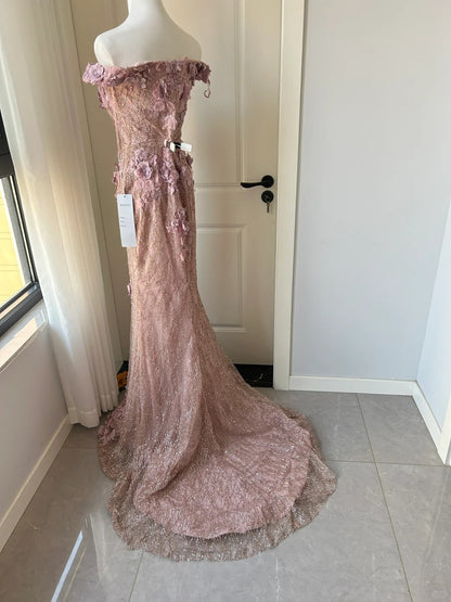 Elegant Pink Mermaid Off-shoulder 3D Floral Sequined Prom Dress Evening Dress cc5350