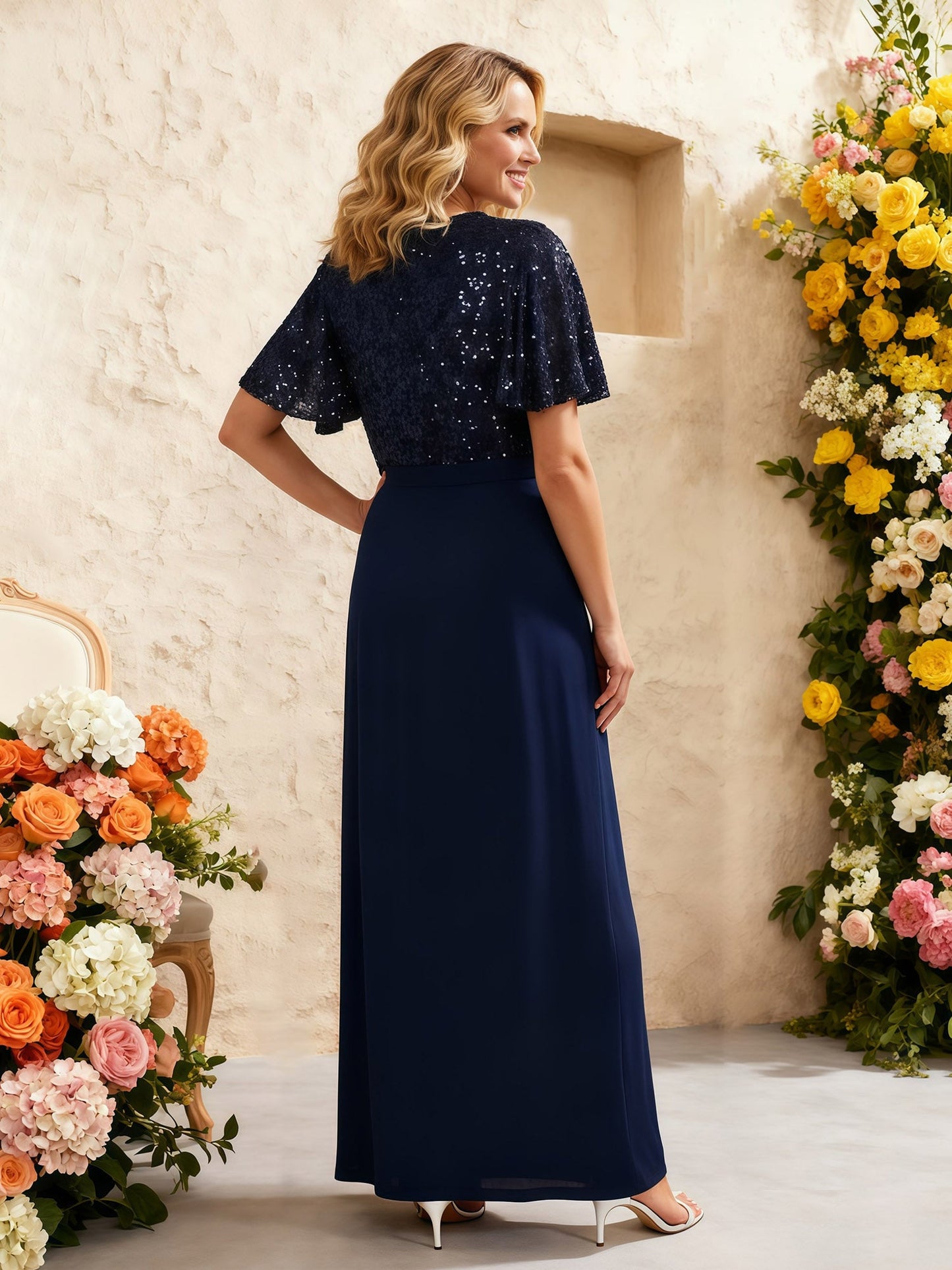 Sequin Top Faux-Wrap Skirt Maxi Dress with V-Neckline Dark Navy