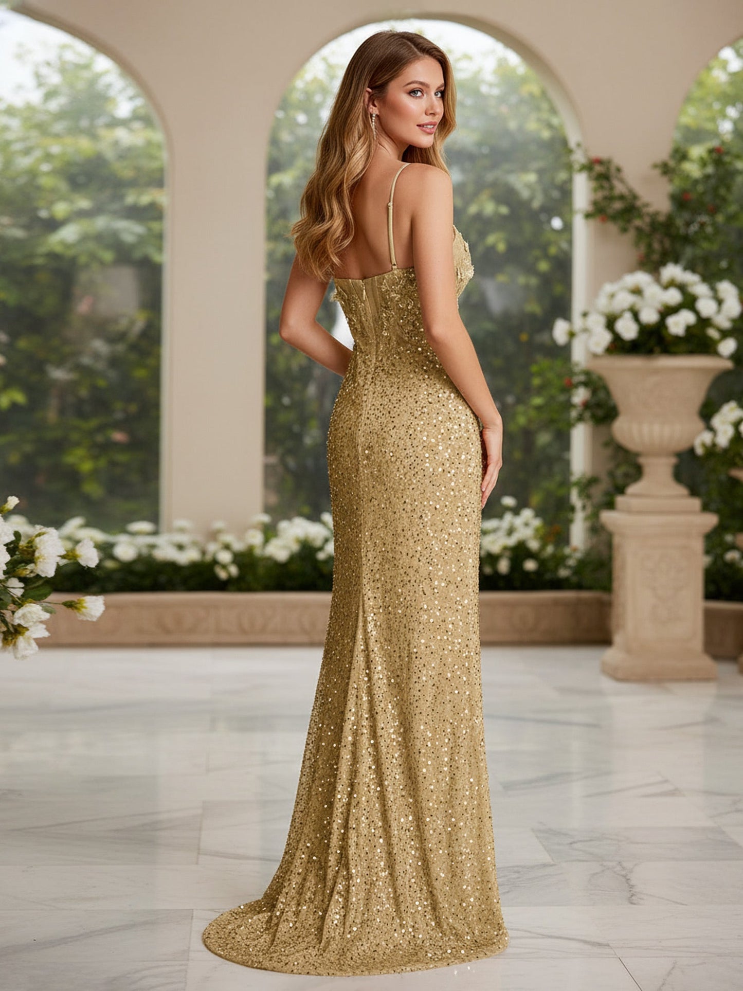 Spaghetti Straps Sequins Sweep Train Slit Gown Champagne