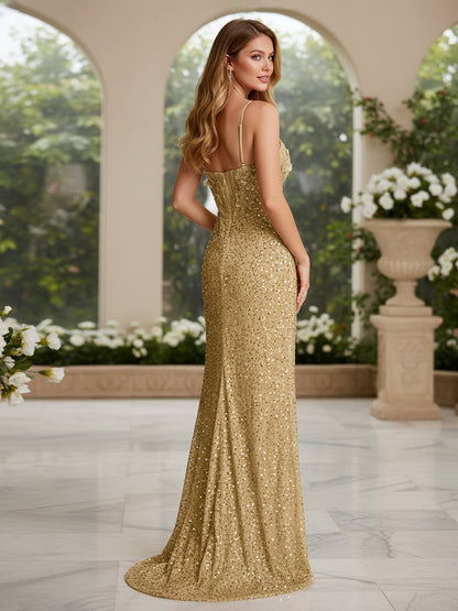 Spaghetti Straps Sequins Sweep Train Slit Gown Champagne