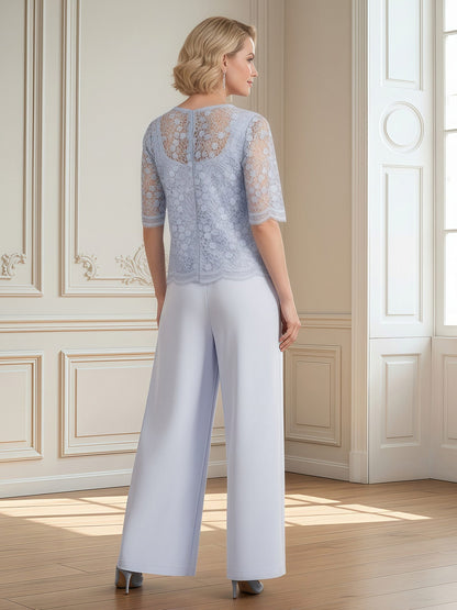 Wide-Leg Formal Trousers and Lace Top Set Lavender
