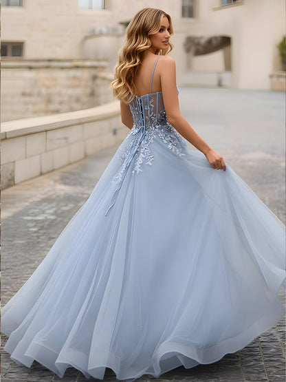 A-Line Sweetheart Sheer Corset Applique Tulle Dress Mist