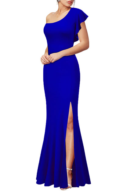 Royal Blue Women's One Shoulder high Split Bodycon Mermaid Ruffle Prom Long Formal Dress