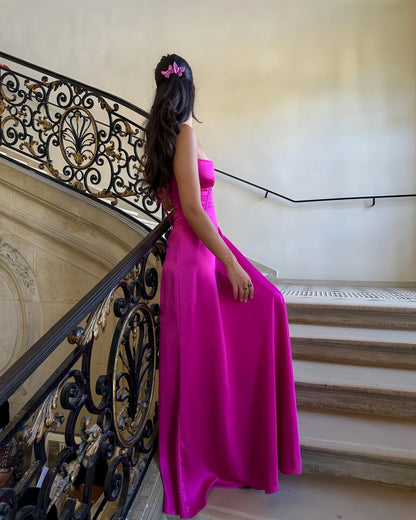 Pretty A line Spaghetti Straps Pink Satin Long Party Dresses Prom Dresses SD2705