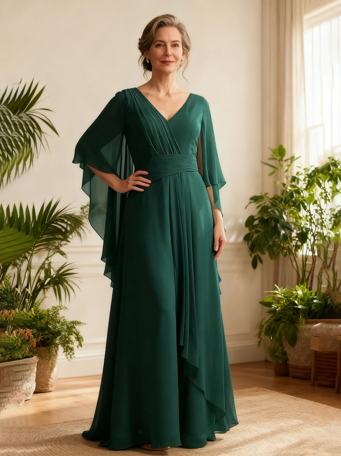 Chiffon Drape V-Neck Gown with Flutter Cape Sleeves Dark Green