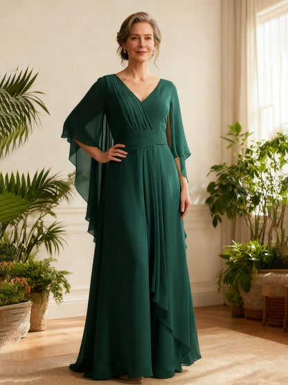 Chiffon Drape V-Neck Gown with Flutter Cape Sleeves Dark Green