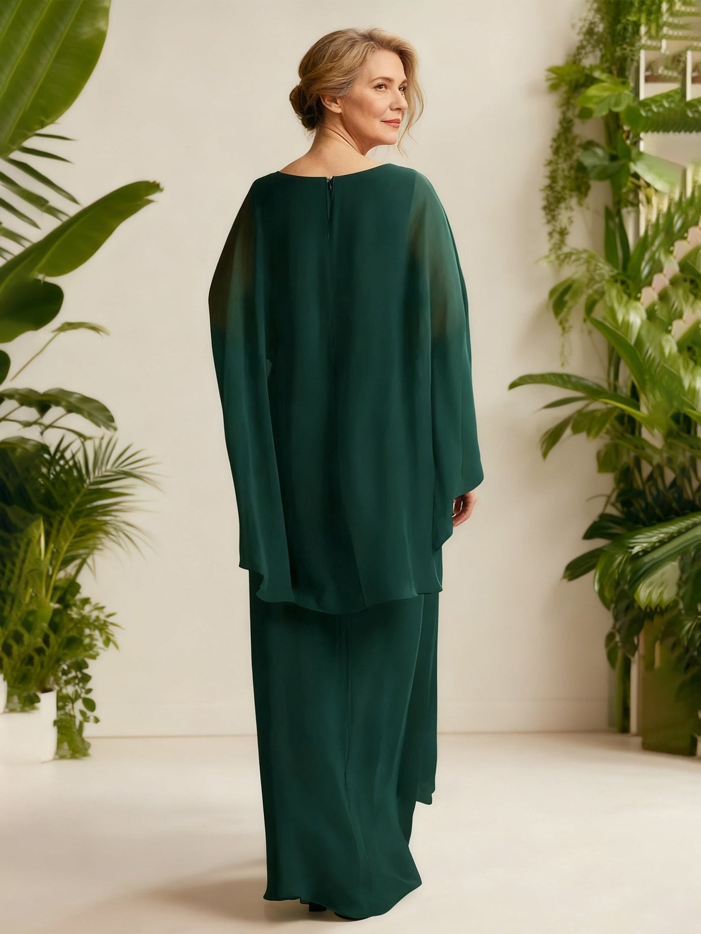 Chiffon Drape V-Neck Gown with Flutter Cape Sleeves Dark Green