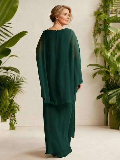 Chiffon Drape V-Neck Gown with Flutter Cape Sleeves Dark Green