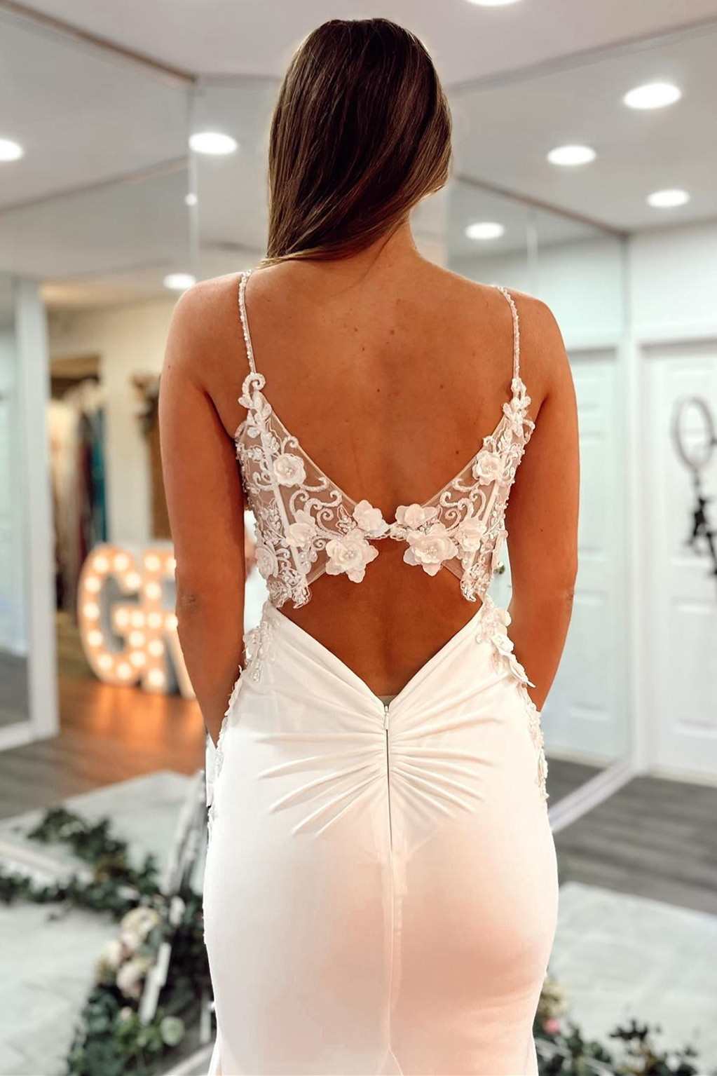 Light Blue 3D Floral Lace V-Neck Backless Trumpet Prom Dress