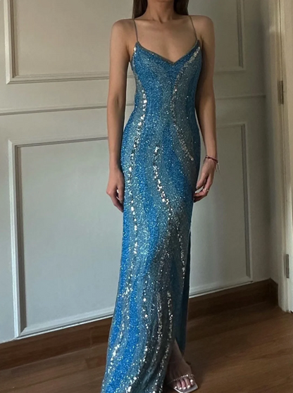 Gorgeous Blue Mermaid Halter V-neck Backless Sequined Long Prom Dress Evening Dress cc5352