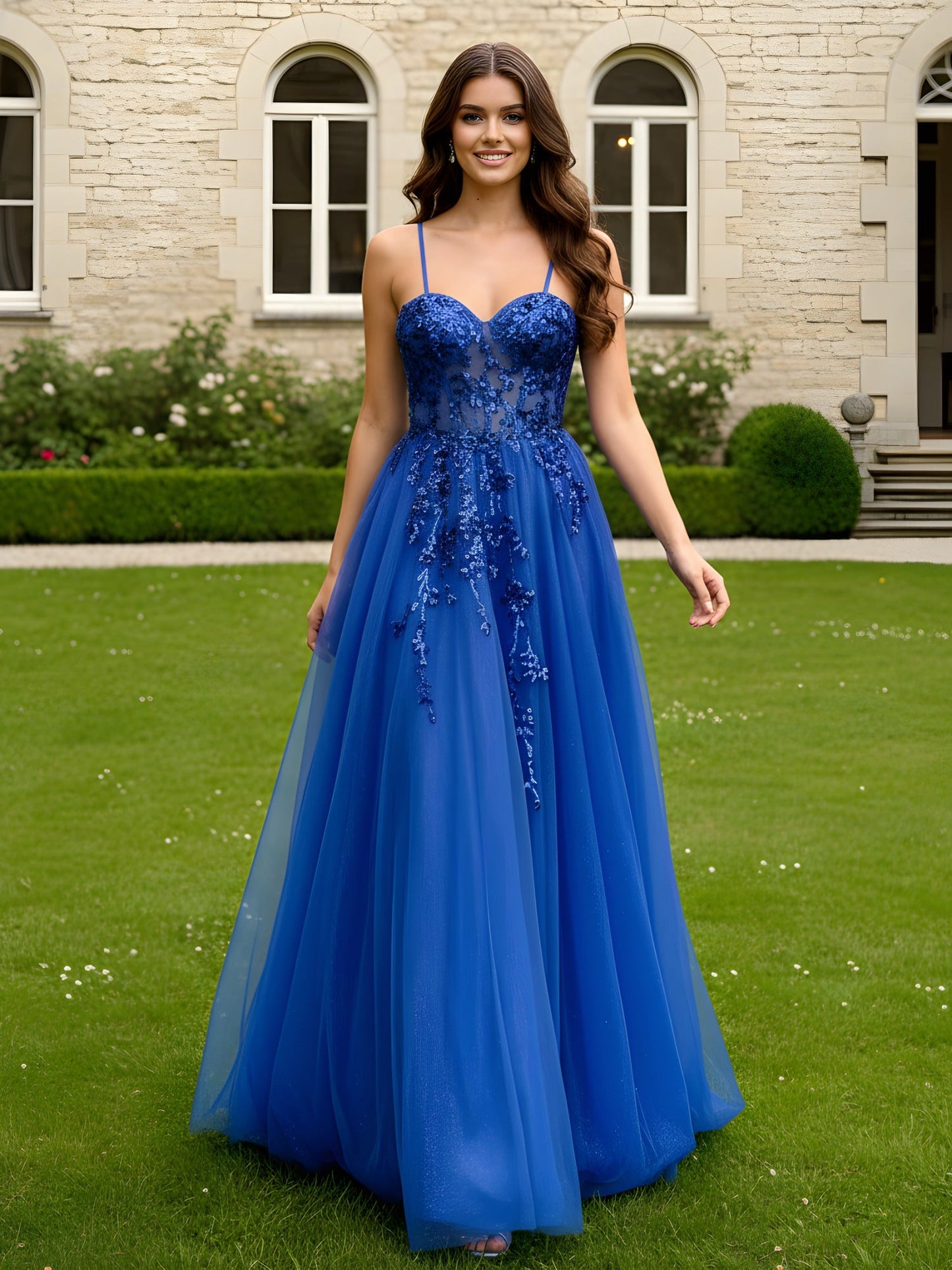 A-Line Sweetheart Neck Applique Tulle Dress Royal Blue