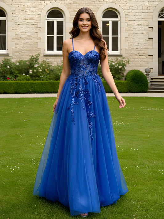 A-Line Sweetheart Neck Applique Tulle Dress Royal Blue