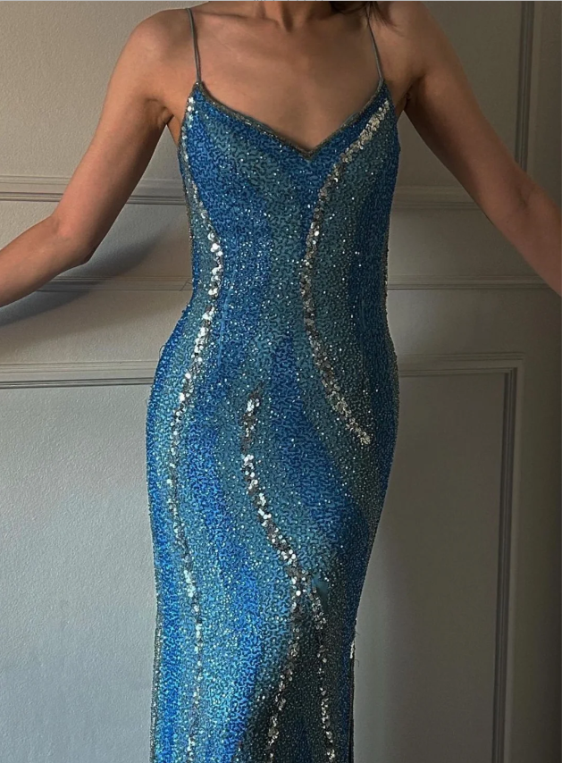 Gorgeous Blue Mermaid Halter V-neck Backless Sequined Long Prom Dress Evening Dress cc5352