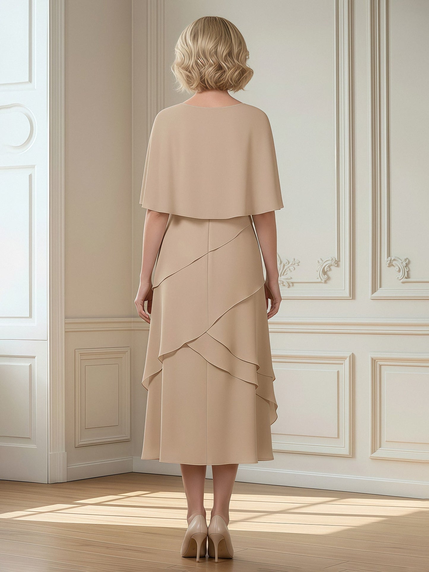 Tiered Skirt A-Line Midi Formal Dress Champagne
