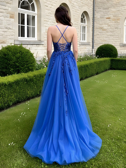 A-Line Sweetheart Neck Applique Tulle Dress Royal Blue