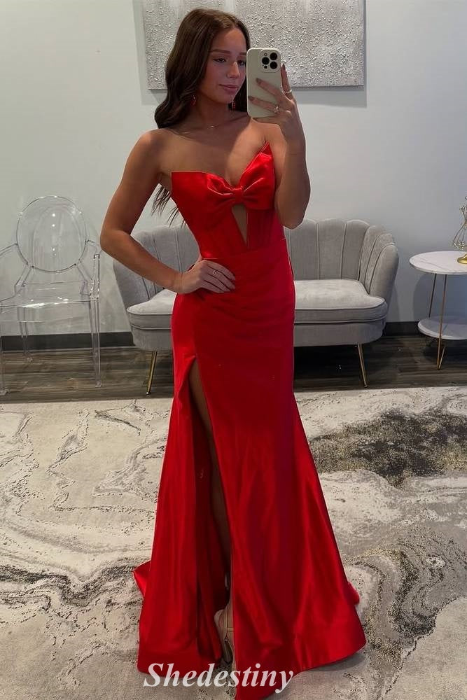 Keyhole Red Bow Strapless Mermaid Prom Dress with Slit